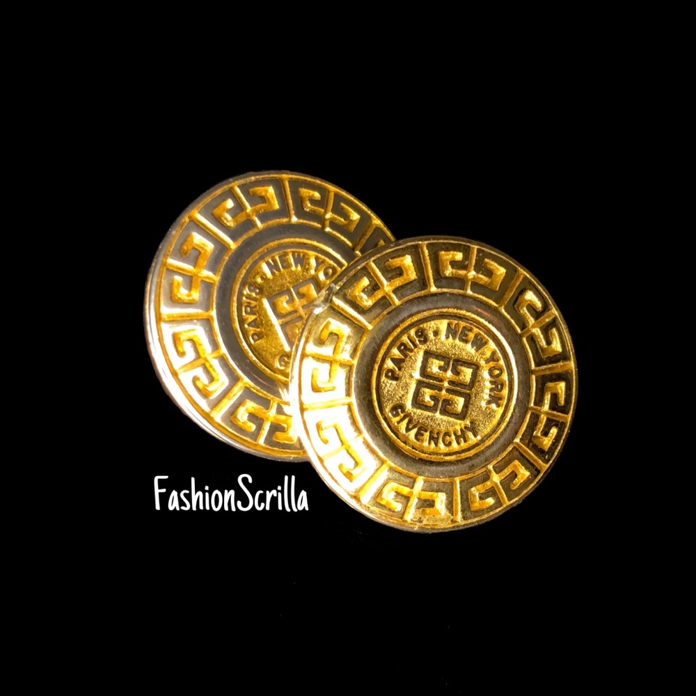 Vintage Givenchy Gold Vintage Round Crest Spelled Out Logo Pierced Post Earrings - Picture 3 of 6
